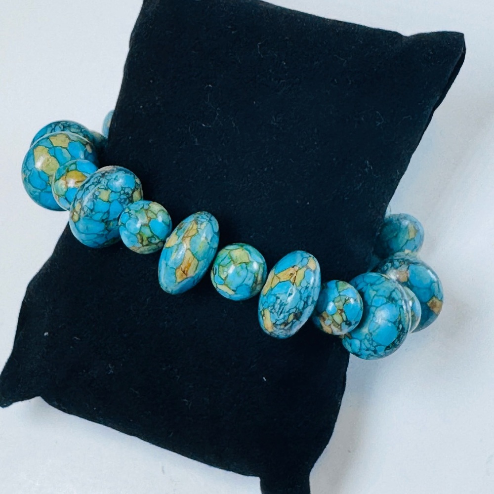Turquoise Beaded Stretch Bracelet Blue Green Stone Statement Boho Jewelry - Picture 8 of 9